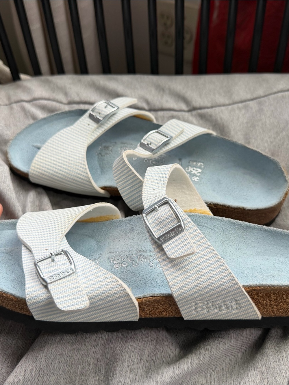 Women's White Double Buckle Slide Sandals with Light Blue Footbed